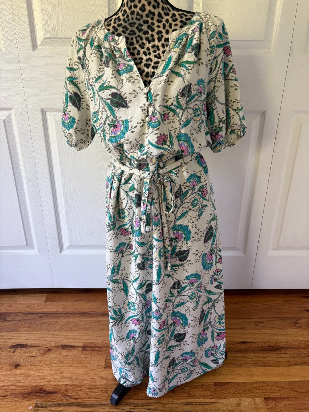 LOFT Linen Floral Midi Dress Puff Sleeve V-Neck Tie Waist Cottagecore Boho Med
